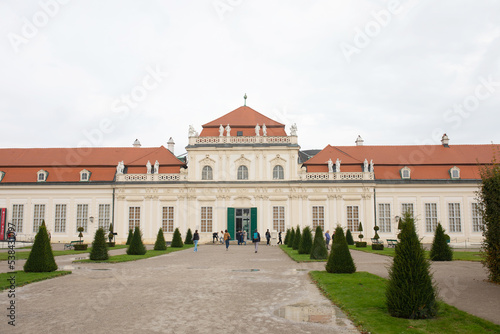 Panoramic view of the main tourist attractions of the city of Vienna from the territory of the Belvedere palace complex and the green park in the baroque style.