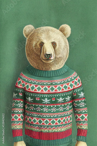 Vintage pencil drawing of a bear wearing ugly Christmas sweater. Christmas festive mood. 3d illustration