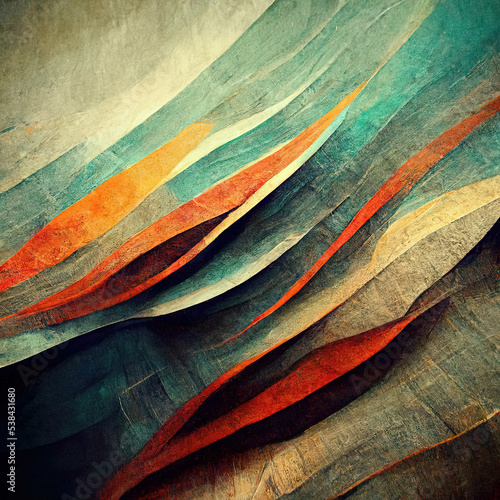 Abstract colorful background with color splashes grainy texture digital painting with orange, teal, green, blue, dark blue, brown colors wavy pattern, design template with copy space for text