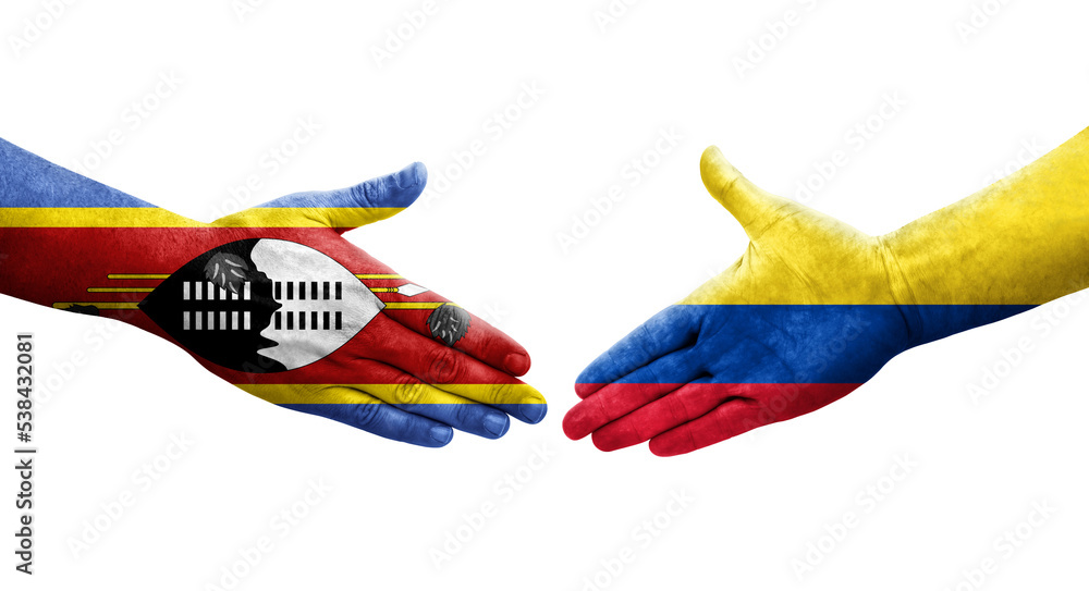 Handshake between Colombia and Eswatini flags painted on hands, isolated transparent image.