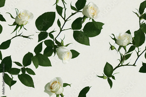 eamless pattern of white roses. Romantic floral repeatable background, backdrop, wallpaper. 3d illustration.  photo