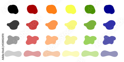 Blots, splats colors Vector. Organic abstract splodge elemets collection. Drops and splashes of ink. Paint splash. Wet spots, splashes of liquid paint drops and ink splatters. 