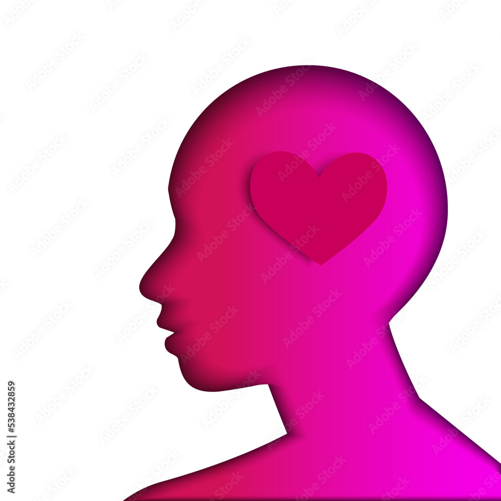 Human head shape on white background with heart inside. Symbol of love and emotions. Mental health, mind, intelligence concept Human head shape on white background with heart inside. Symbol of love and emotions. Mental health, mind, intelligence concept