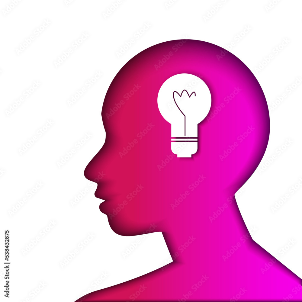 Human head shape on white background with light bulb inside. Symbol of mind. Mental health, mind, intelligence concept. Papercut illustration. Human head shape on white background with light bulb inside. Symbol of mind. Mental health, mind, intelligence concept. Papercut illustration.