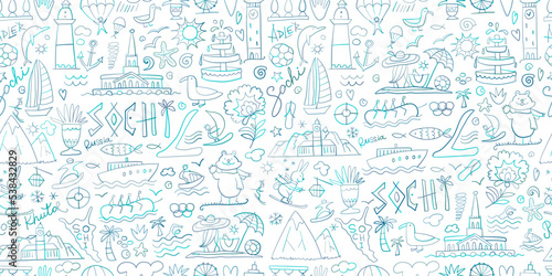 Travel to Sochi, Russian City on Black Sea. Tourism Concept. Seamless Pattern Background for your design