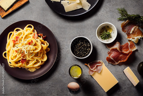 Traditional Italian Carbonara with salted egg zabaglione, bacon, pork cheek, black pepper and pecorino cheese served on a black plate
