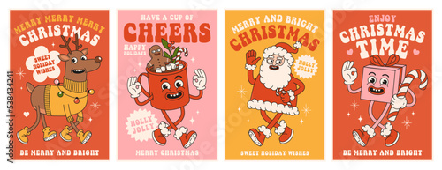 Merry Christmas and Happy New year. Santa Claus, reindeer, cocoa, gift in trendy retro cartoon style. Greeting cards, template, posters, prints, party invitations and backgrounds. Red and pink colors.