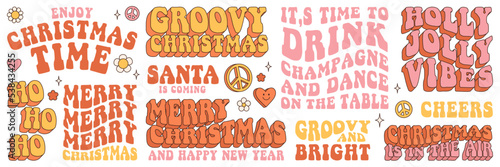 Groovy hippie Christmas stickers. Words, slogan, text about Christmas, new year, champagne, Santa, holly jolly vibes, ho ho ho in trendy retro 60s 70s stile style.