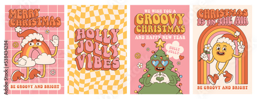 Groovy hippie Christmas. Rainbow, Christmas tree, smile, holly jolly vibes in trendy retro cartoon style. Happy New year greeting card, poster, template, print, party invitation, background.
