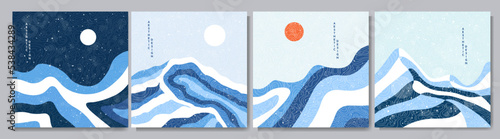 Vector hand drawn illustration. Abstract flat minimalist design landscape set. Winter cold snowy season. Retro nature graphic. Clear sky. Hand drawn mountains. Design for social media, web template