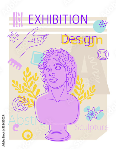 Creative contemporary art poster, art exhibition, classical sculpture. For exhibition, culture, music and design. Vector illustration
