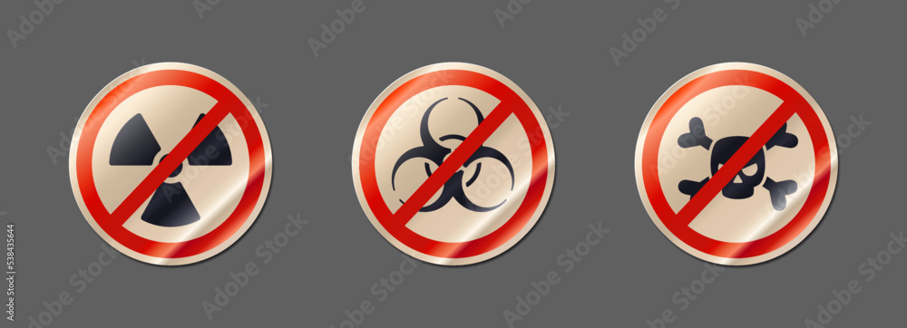 Forbidding red signs skull and bones, biohazard symbol and nuclear sign paper sticker with a bend vector illustration Forbidding red signs skull and bones, biohazard symbol and nuclear sign paper sticker with a bend vector illustration