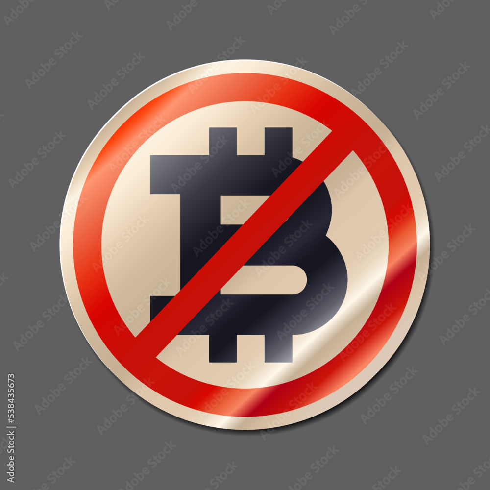 Fototapeta premium Crossed out bitcoin sign cryptocurrency realistic paper sticker vector illustration