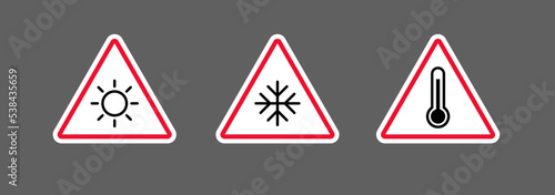 Set different temperature signs with outline style hot sun, frosty snowflake and thermometer in triangle shape vector illustration