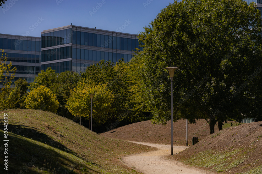Fototapeta premium Beautiful s-shape path in park with trees and buildings