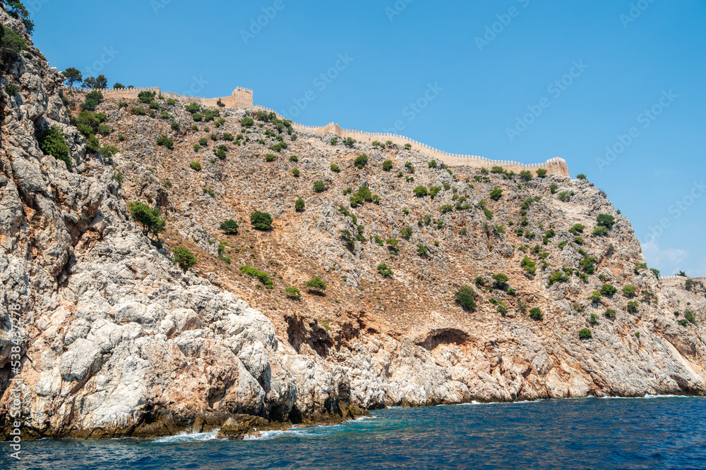 Rocky coastline Dil Varna Burnu cape of Alanya Promontorium in Turkey