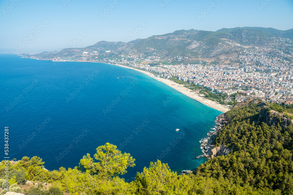 Aerial view over the Mediterranean coast in Alanya, Turkey.