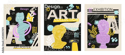 Modern art art poster set, art exhibition, classical sculpture. For exhibition, culture, music and design. Vector illustration