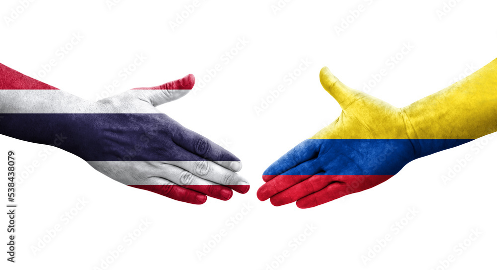 Handshake between Colombia and Thailand flags painted on hands, isolated transparent image.