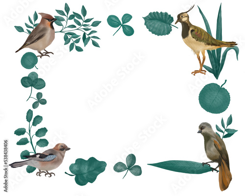 Digital frame  with monochrome  leaves and northern birds. Transparent layer.