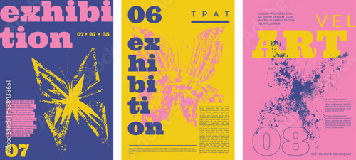 Set of retro poster templates with butterflies stamps and typography. Background images for cover, banner, exhibition, festival. Decorative butterflies