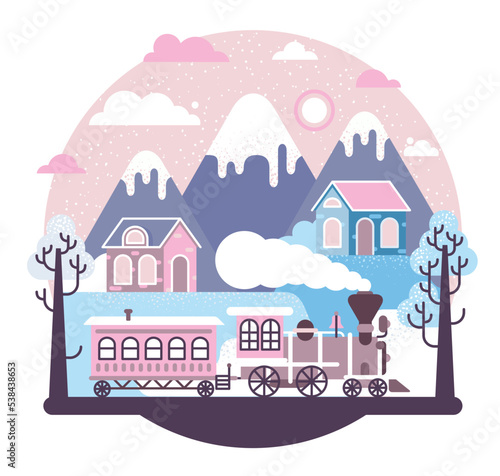 Vector cartoon illustration in flat stile - locomotive, two small houses and mountains.