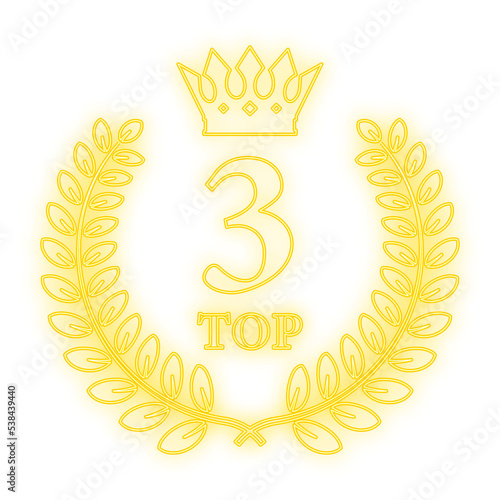 Top 3 label. Neon laurel wreath icon. Vector stock illustration
