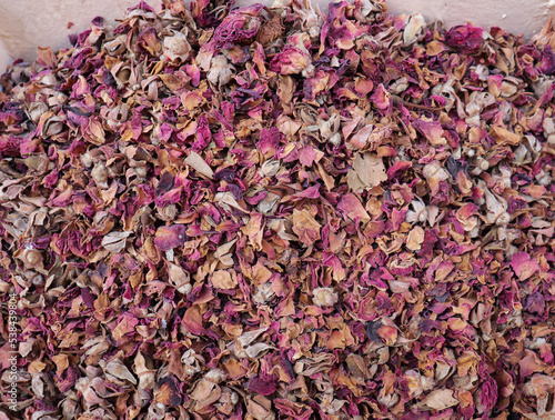 Dried pink roses at spices shop in Aswan, Egypt 
