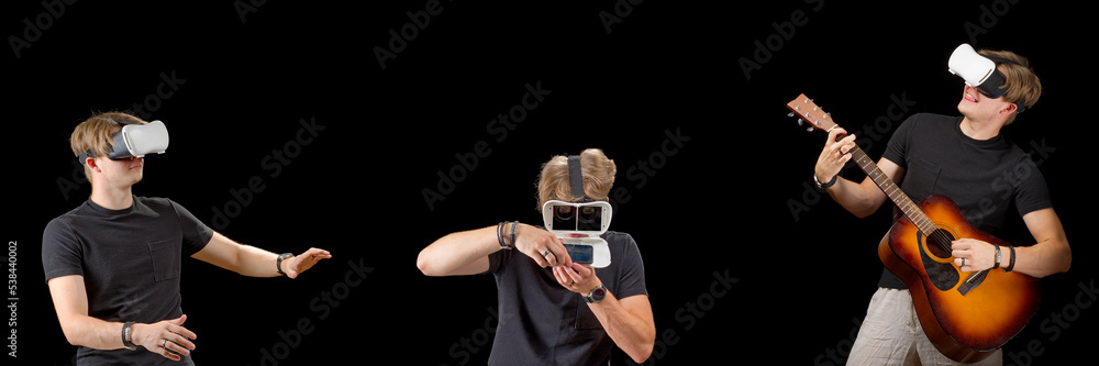 Obraz premium Portrait of a young man with 3D virtual reality glasses. Young man using white virtual reality headset, VR, future, googles, technology concept on black background.