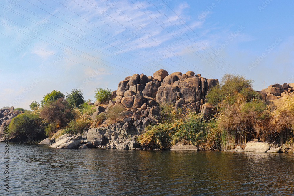 Nature in Aswan: Beautiful landscape for the river Nile and rocky islands 