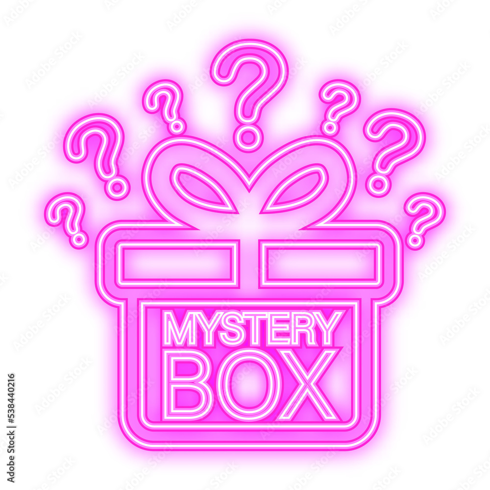 Mystery box. Packaging for concept design. Surprise present. Package design. Help symbol. Neon icon. Vector stock illustration Stock Illustration Adobe Stock