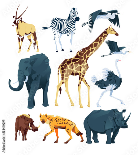 Wild African animals set on a white background: elephant, giraffe, cheetah, oryx antelope, zebra, ostrich, hippopotamus, hyena, warthog, heron