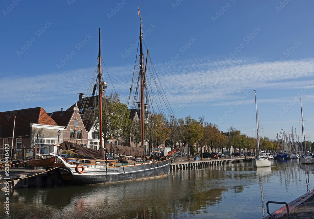 View on one of the harbors of Harlingen, the Netherlands. It's called Noorderhaven (Northern harbor)
