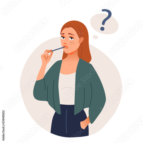 A thoughtful girl with a question. Puzzled business woman doubting, deciding, setting priorities. Flat vector illustration isolated on white background