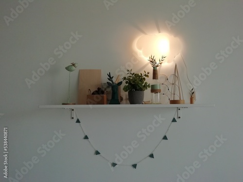 shelf decor with green plants and lighting
