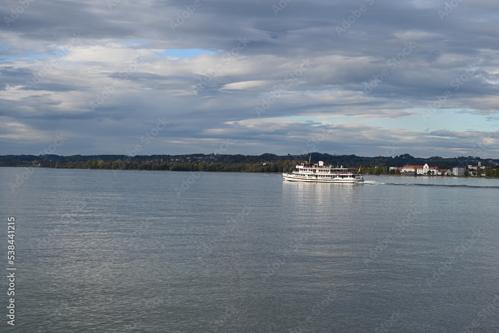 view of the lake Constance in Austria, cloudy sky, cold autumn day