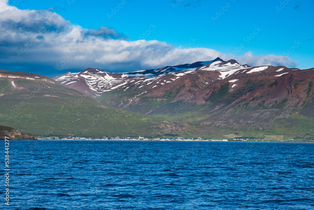 View over Eyjafjordur fjord in north Iceland towards town of Dalvik