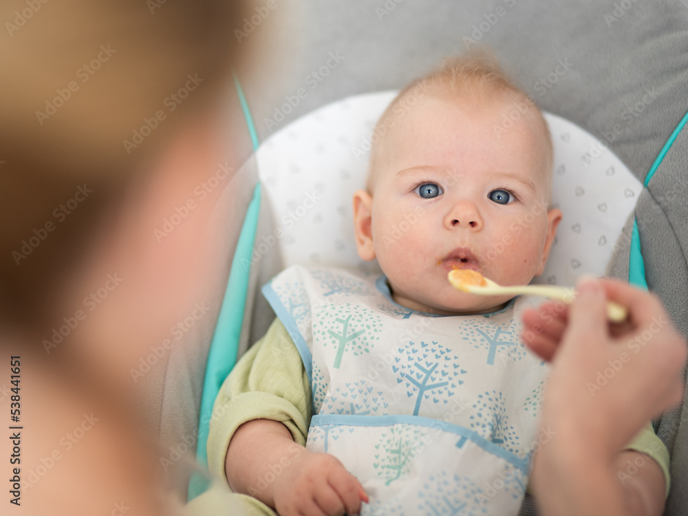 Mother spoon feeding her baby boy infant child in baby chair with fruit puree. Baby solid food introduction concept. Mother spoon feeding her baby boy infant child in baby chair with fruit puree. Baby solid food introduction concept.