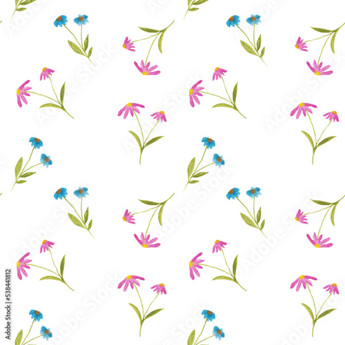 watercolor seamless pattern with meadow wild flowers, pink and blue daisies. For decoration and design. Printing on postcards, paper, packaging, fabric. Wedding, romantic, natural style. Spring.
