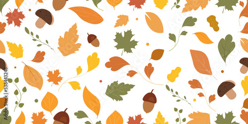 Autumn seamless pattern with colorful leaves,mushrooms and acorns isolated on light background.Vector design.