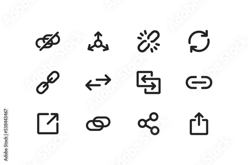 Link icon set. Share concept. Hyperlink, upload signs. Broken connection. Redirecting symbol.