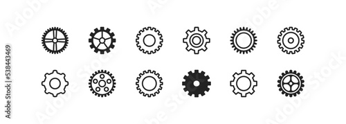 Gear icon set. Mechanism concept. Pinions collection. Cogwheels, signs. Clockwork. Transmission, engine symbol.