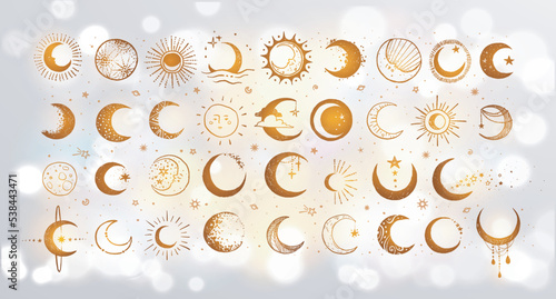 Doodles with the moon on white glowing background. Crescent moon collection. Vector sketch illustration.