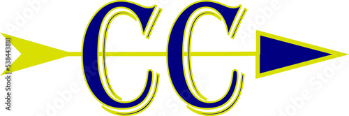 Cross country running team logo with letters CC in blue and gold arrow with transparent background
