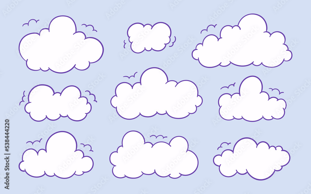 Collection of clouds in doodle cartoon style isolated on blue background