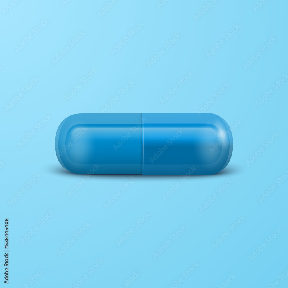 Vector 3d Realistic Blue Pharmaceutical Medical Pill, Capsule, Tablet on Blue Background. Front View. Copy Space. Medicine, Male Health Concept