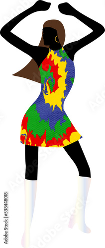 Tableau sur toile Silhouette of  a go-go dancer in bright tie dye dress and go-go boots