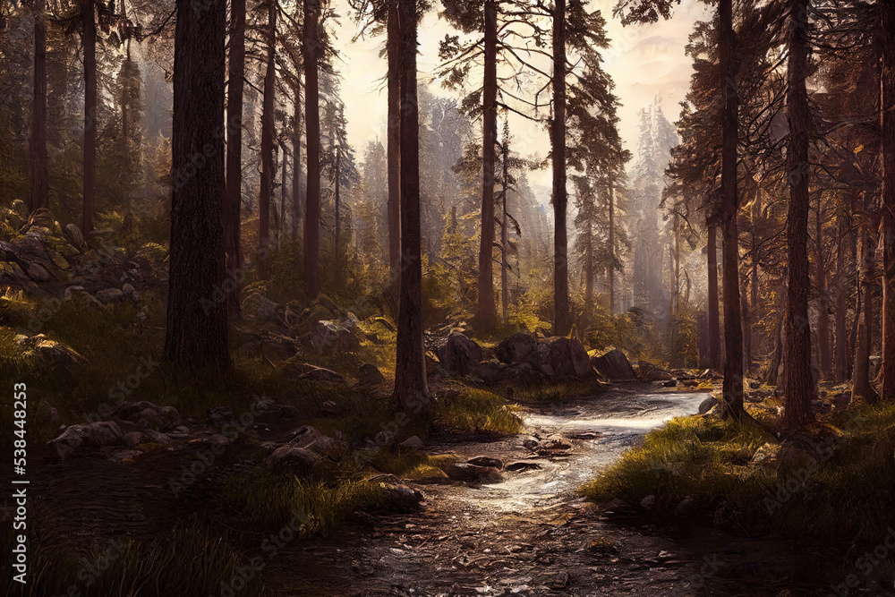 Fototapeta premium Beautiful forest landscape, art illustration