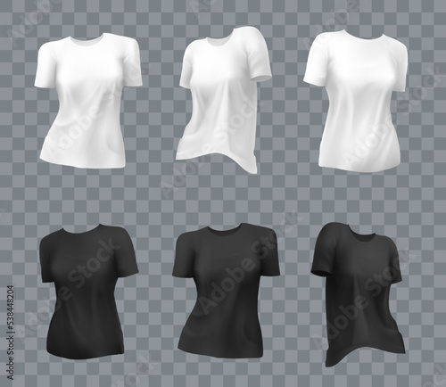 Set of women's white and black t-shirts. Volumetric vector template. Isolated vector illustration.