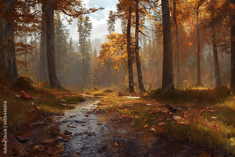 Obraz premium Autumn forest landscape, art illustration